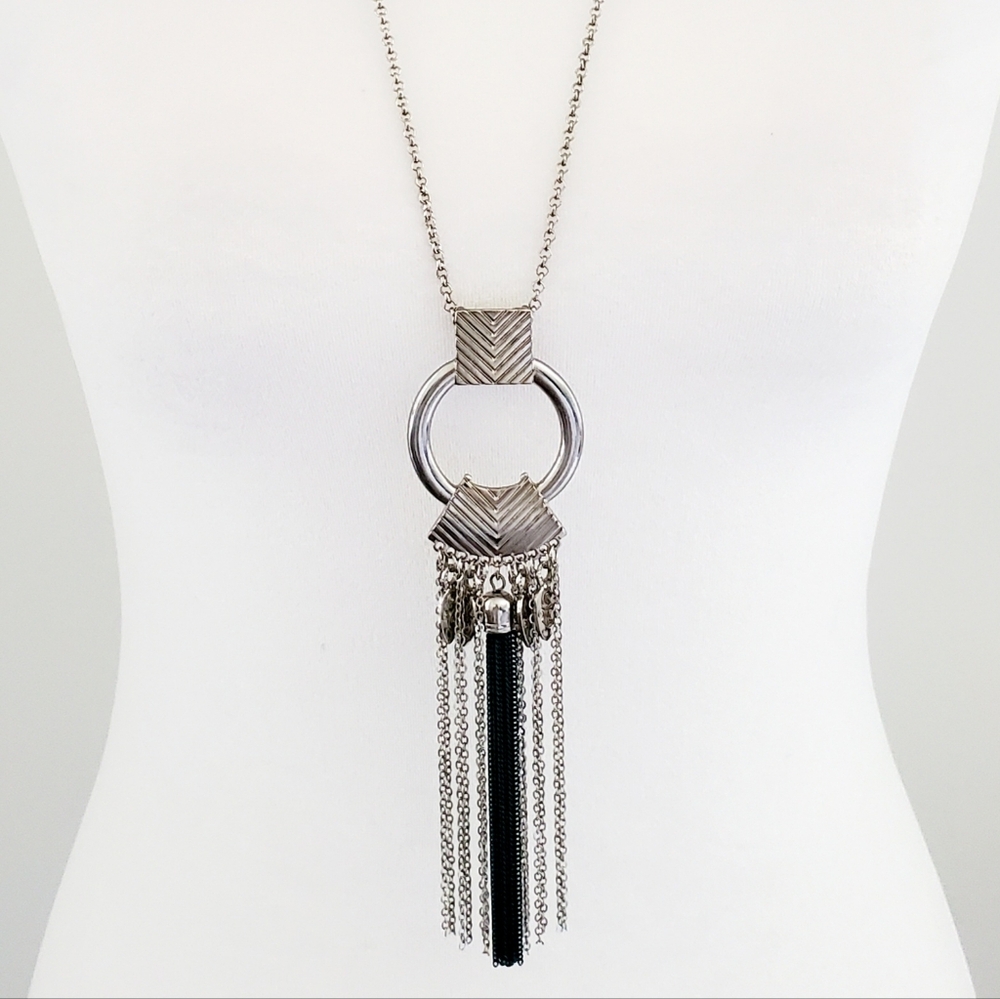 Long Silver Boho Necklace w/ Art Deco Style Chain Tassel  Pendant